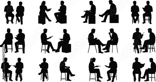Silhouettes of Two-Person Conversations, Twenty Seated Dialogue Pairs, Vector Communication Icons, Interview Counseling Discussion Gestures, Social Interaction Body Language Illustration