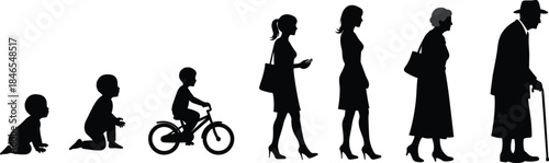Silhouettes showing human life stages, from crawling baby to elderly man with cane, chronological aging progression, growth, adulthood, senior care, mobility, family