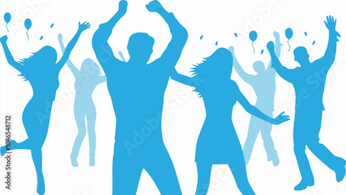 People celebrating with balloons in joyful silhouettes