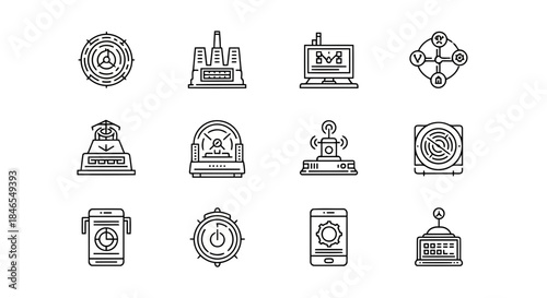 Collection of various industrial and technological icons including machinery, computers, and control panels