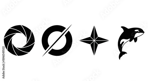 Set of four black icons representing a camera lens, a circle with a line, a star, and a dolphin on a