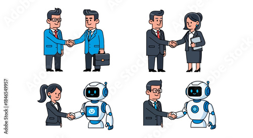 Illustration of people and robots shaking hands in a business setting, representing humanrobot collaboration and partnerships