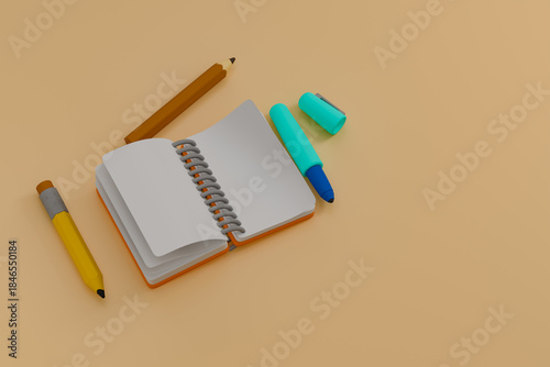 Spiral notebook with pencils and marker pen