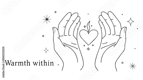 Minimalist hands gently cradling a heart shaped flame with stars and sparkles on white background
