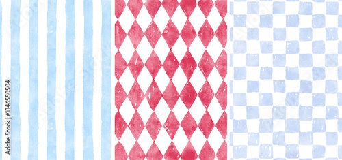Whimsical watercolor background frames set with light blue stripes, red and blue rectangles. Perfect for backgrounds, stationery, packaging, Valentine's Day and Christmas designs.