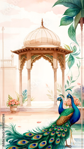 Elegant Peacocks in a Serene Mughal Garden Pavilion