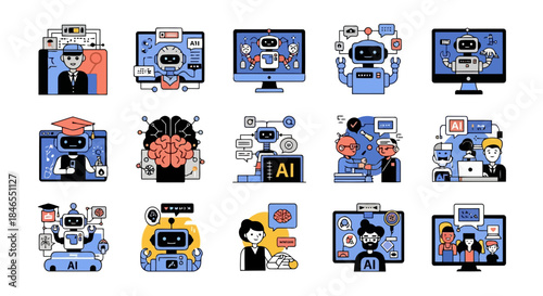 Collection of colorful cartoon characters interacting with computers and technology in various playful and creative scenarios