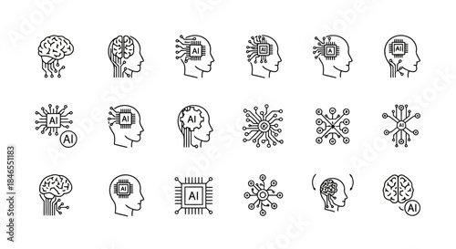 Illustration of various brain concepts with neural networks and digital elements, representing artificial intelligence and cognitive science