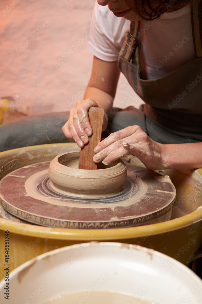 Fototapeta premium Pottery class. Hands hols clay on a potter's wheel