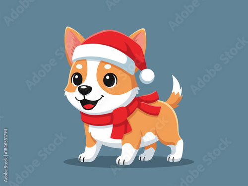 A cute cartoon corgi puppy wearing a Santa hat and a red scarf, ready for Christmas celebrations.
