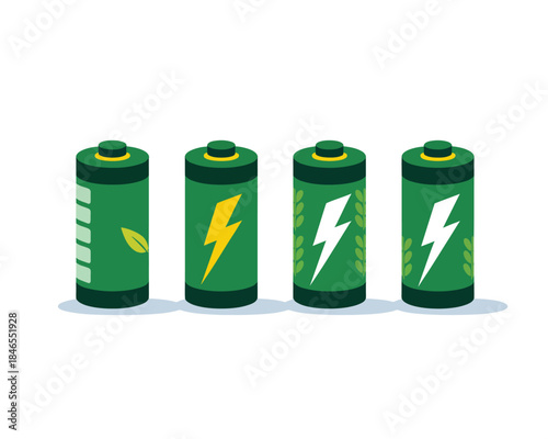 Eco green battery power illustration showing sustainable energy cells with leaf and lightning symbols for renewable electricity and clean technology concepts