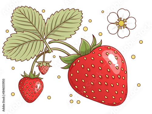 A vibrant illustration of ripe strawberries on a vine, accompanied by a delicate strawberry blossom and scattered pollen.
