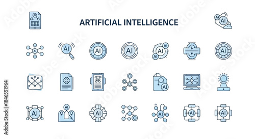 Artificial intelligence icons set with various symbols and elements representing ai technology and machine learning