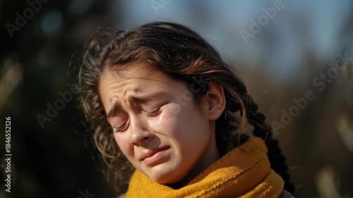 Crying tears of emotion outdoor setting portrait intimate viewpoint