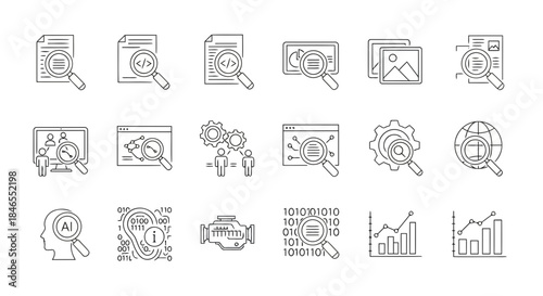 Set of icons representing data analysis, research, and information technology concepts