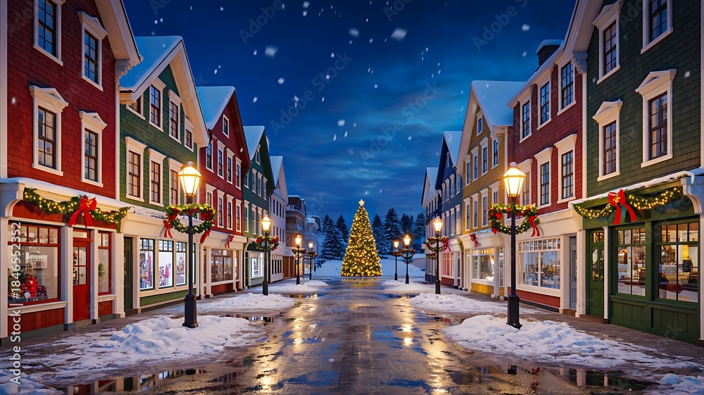 Obraz premium Snowy christmas street with festive lights at night 