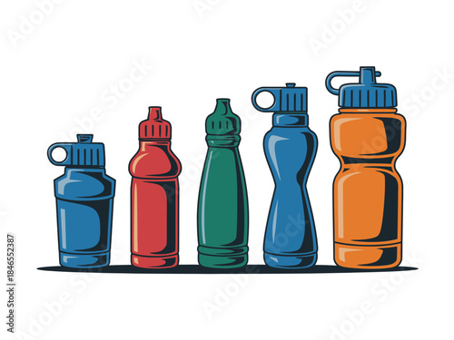 Sports water bottle illustration showing reusable hydration containers for fitness training gym outdoor activity lifestyle