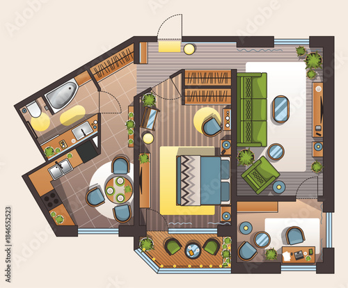 Interior plan in color. Detailed apartment furniture overhead top view. Room in flat style. House floor design project