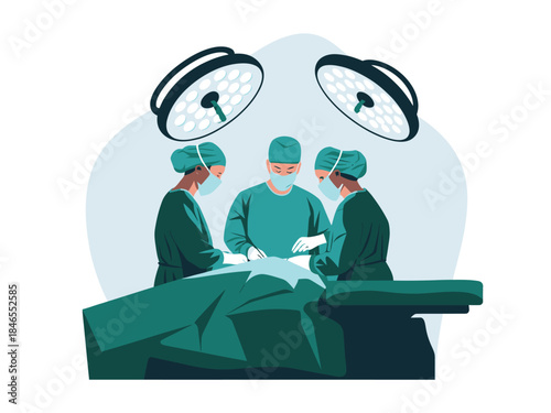 Surgical operation illustration showing professional surgeons performing hospital procedure under operating lights with sterile teamwork precision focus care