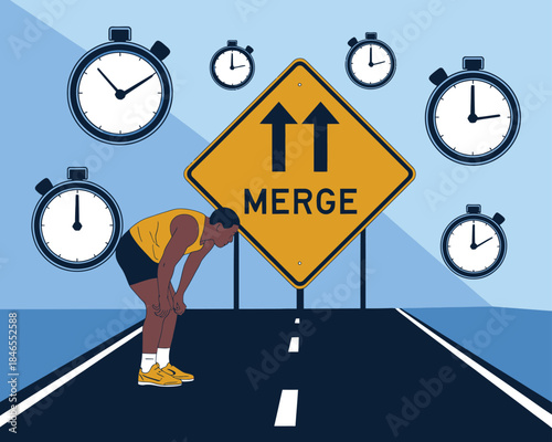 Time management illustration showing athlete fatigue merge decision deadlines clocks productivity pressure focus performance concept challenge balance strategy