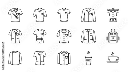 Clothing items displaying uniform styles in line art reveal profession or coffee shop location or apparel designs showcasing professional garment in thin line detail.