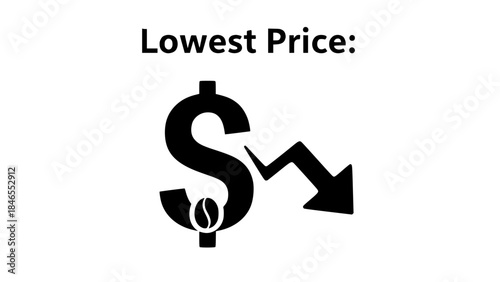 Coffee prices fall shown with dollar symbol and arrow in a white scene or Coffee bean dollar symbol depicts declining price in clean illustration