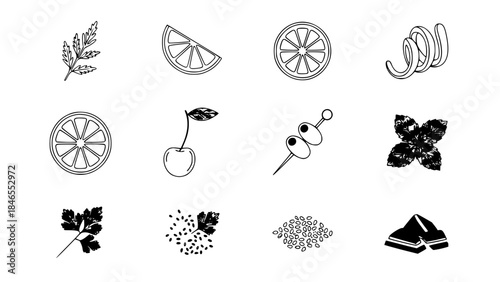 Collection of food icons displaying produce in a simplistic style or cocktail ingredients forming a minimal arrangement