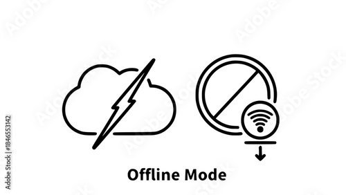 Disconnected cloud icon with lightning displays network outage on white or Wireless signal interrupted icon shows offline connection on backdrop