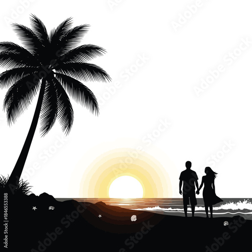 Silhouette of couple walking on beach at sunset