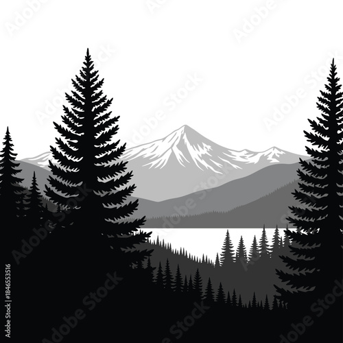 Mountain landscape with pine trees