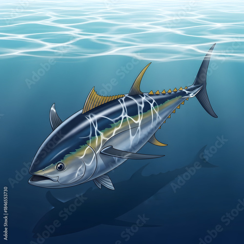 Tuna fish swimming underwater ocean depths.
