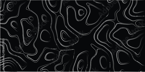 Abstract flowing contour lines in grayscale and white against a black background, creating a dynamic, organic, and visually striking pattern for modern graphic design and artistic backdrops