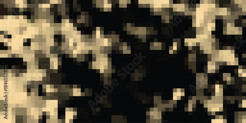 Abstract pixelated mosaic texture with a grunge effect in muted beige and dark brown tones, resembling distressed camouflage or a digital glitch