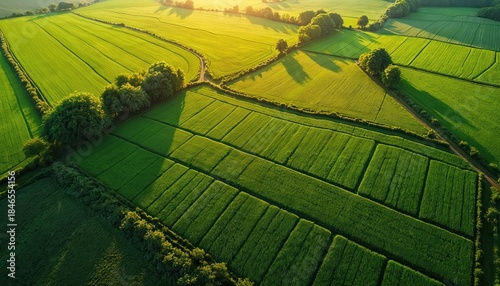 Aerial photo of green agricultural fields. Sunny day shows crops cultivated in rows. Countryside landscape with trees and paths. Organic eco farming.