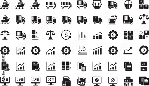 Business and finance icons shipping logistics graphs charts and money symbols for corporate and economic concepts vector set