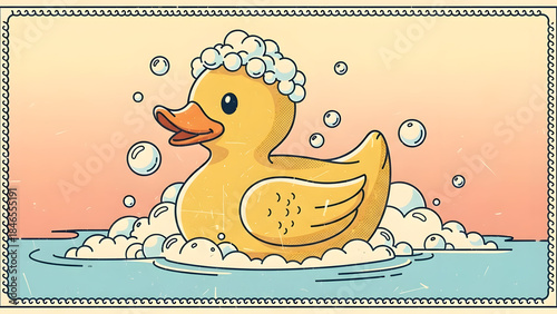 Rubber duck in soap bubbles bath.