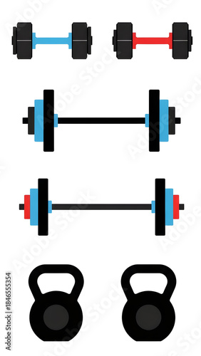 Colorful dumbbells and kettlebells icons set.