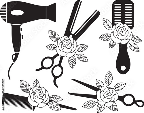 Hair salon equipment hairdryer scissors comb and straightener with decorative roses for beauty business branding and styling