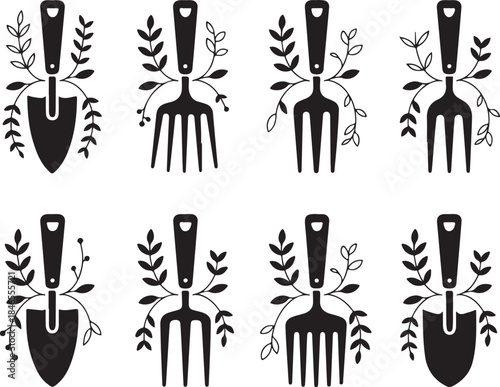 Gardening tools shovel and fork with laurel branches for rustic farm or garden theme elements for labels logos and invitations