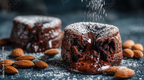 Closeup chocolate lava cake with powdered sugar