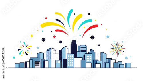 Festive City Skyline: A vibrant cityscape, where the skyline adorned with fireworks, celebrating a moment of joy, wonder, and excitement