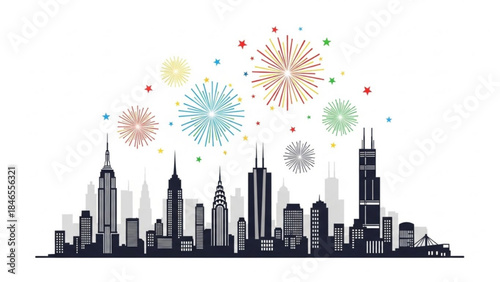 Cityscape Silhouette with Fireworks: A dynamic cityscape silhouette, showcasing iconic buildings against a backdrop of vibrant fireworks, creates a scene of celebration.