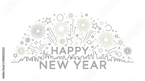 New Year's Eve Celebration: Festive fireworks light up the skyline, illuminating the celebratory phrase Happy New Year, ushering in a season of new beginnings and optimism.