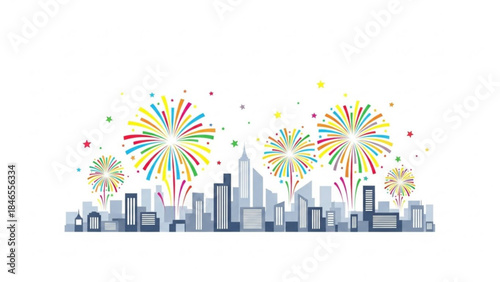 Skyline Fireworks: A vibrant display of colorful fireworks illuminates the silhouette of a city skyline, creating a celebratory atmosphere.