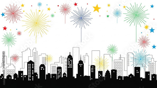 Fireworks over City Skyline: Vibrant fireworks explode against the night sky, illuminating the silhouette of a bustling cityscape in a dazzling display of color and celebration.