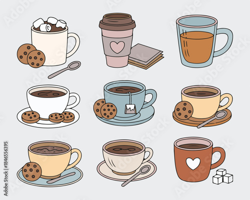 hot drinks and cookies collection cups of coffee tea cocoa with marshmallows mugs