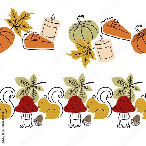 Autumn Nature Elements and Food Vector Seamless Horizontal Borders Set