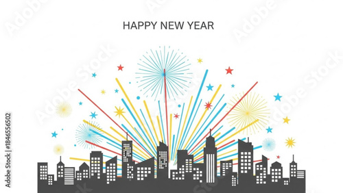 Celebration Over Cityscape: Vivid fireworks burst over the city skyline, as the dawn of a new year. A symphony of colors paints the night sky.