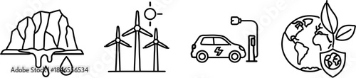 Collection of Minimalist Line Art Icons Depicting Climate Change and Sustainable Solutions for 2025 Global Summits.