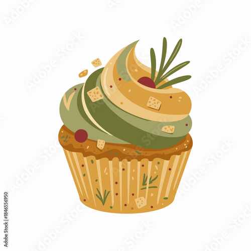 Stuffing flavored Thanksgiving cupcake vector illustration – Perfect for holiday baking ideas, unique recipe blogs, or seasonal food ads.